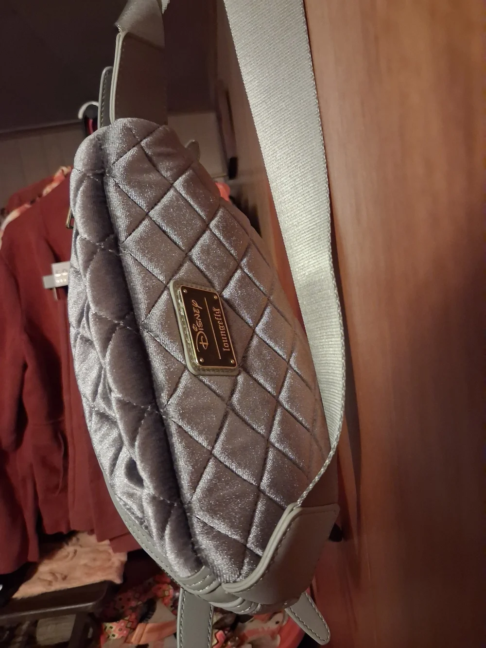 Loungefly Gray and Black Quilted Antler Crossbody Bag with Gold Zipper